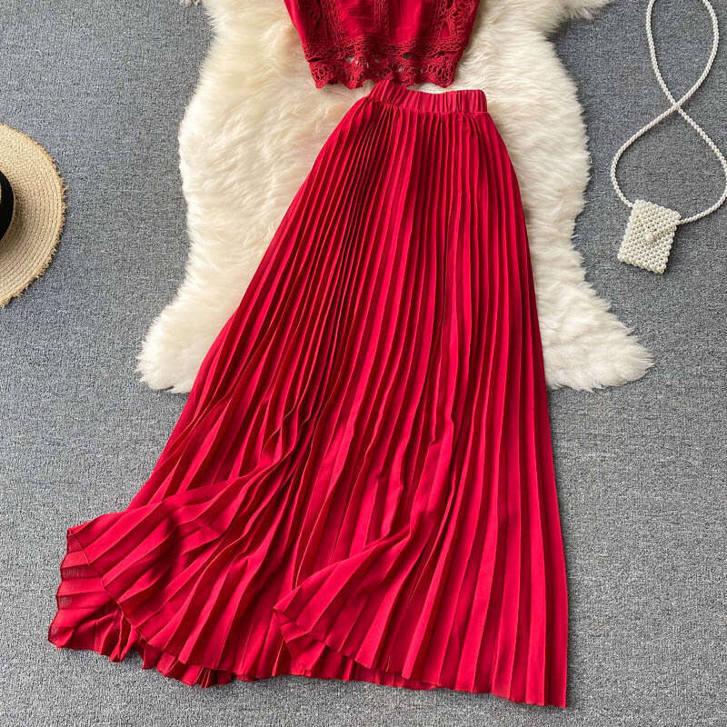 Seaside Vacation 2022 Summer Womens Lace Top, High Waist, Slim Look, Folded Chiffon Half Skirt, Two Piece Set Waist Sexy Oversize Dress Lace Dress