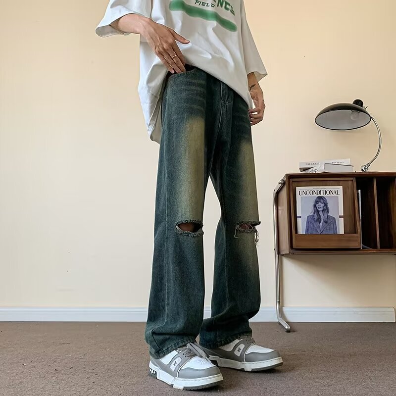 Broken hole jeans men's summer new style American high street design sense niche vintage washed loose straight leg long pants