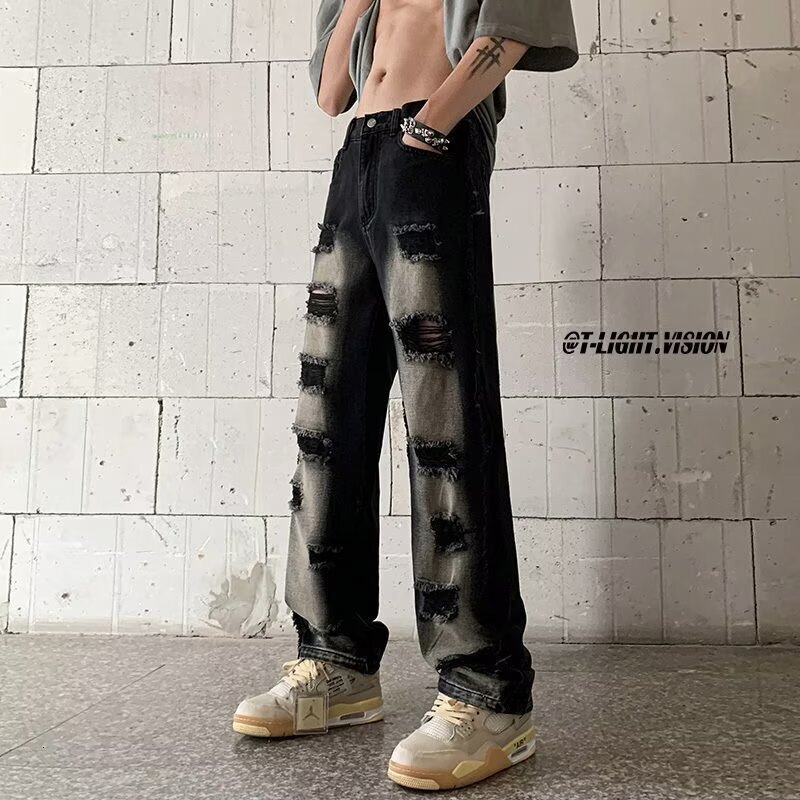 American style jeans for men, summer high ripped beggar pants, rugged and handsome, explosive street, slim fit straight leg pants
