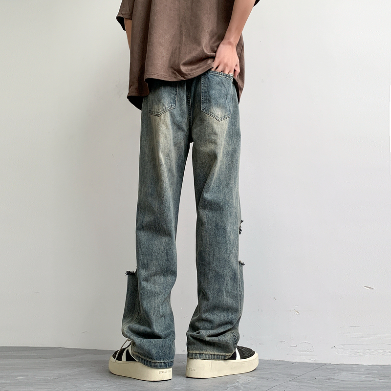 High street American casual ripped jeans men's summer loose straight leg trendy brand pants