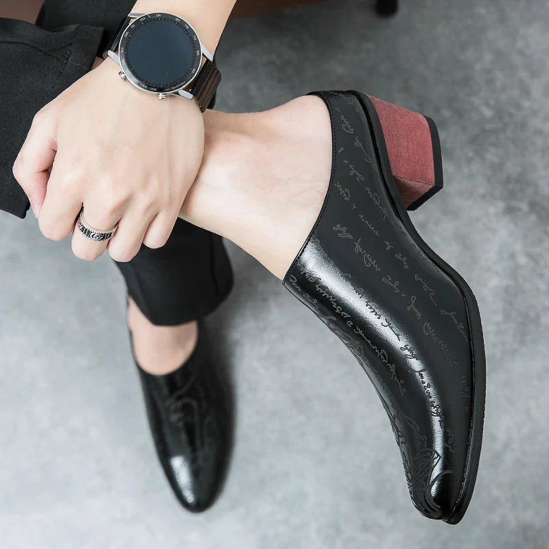 Summer High Heel Mules Men Half Shoes For Man Leather Slippers Mens Casual Shoes Formal Loafers Dress Male Slides Sandals 240713