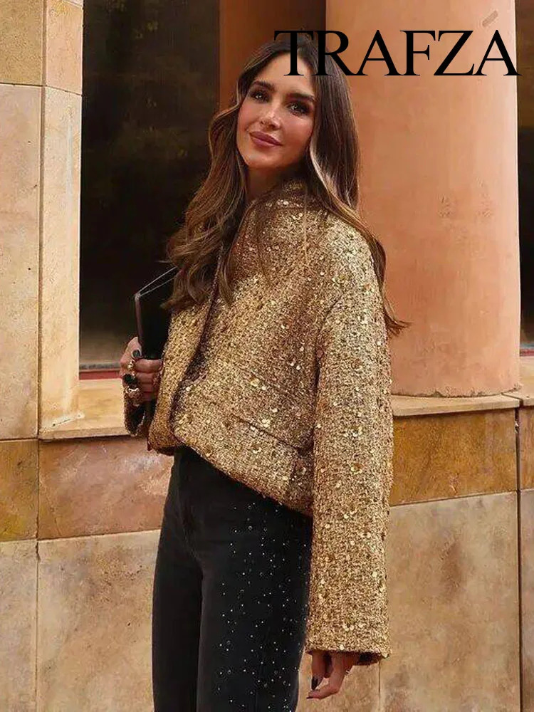 TRAFZA Women Trend Gold Sequin Decoration Loose Short Jacket Woman Fashion Coat Versatile Warm Chic And Elegant Female Coats