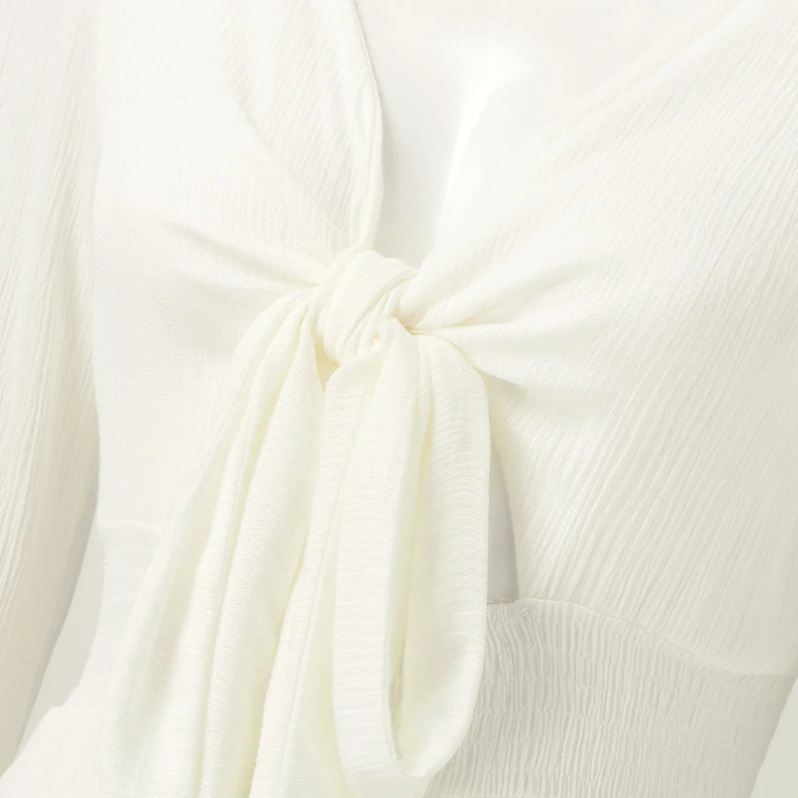 Women Flare Sleeve White Dresses Slim Knot Front V Neck Ruffles Swing Mini Dress Ladies Tunic Sundress Chiffon Short 240712