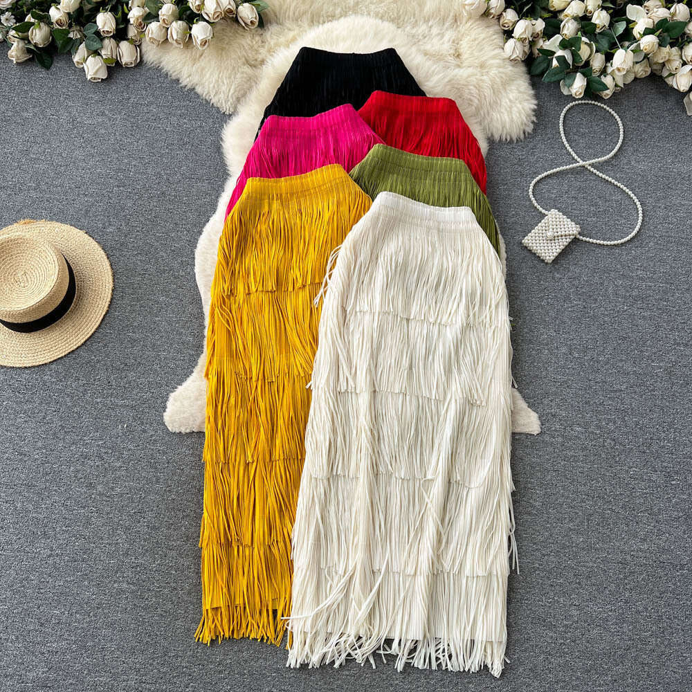 Summer New Pleated Red Tassel Niche Design, High-end Cake with A Slim Waist and Buttocks Wrapped Skirt Sexy Self-cultivation Novelty Denim Dress Overs