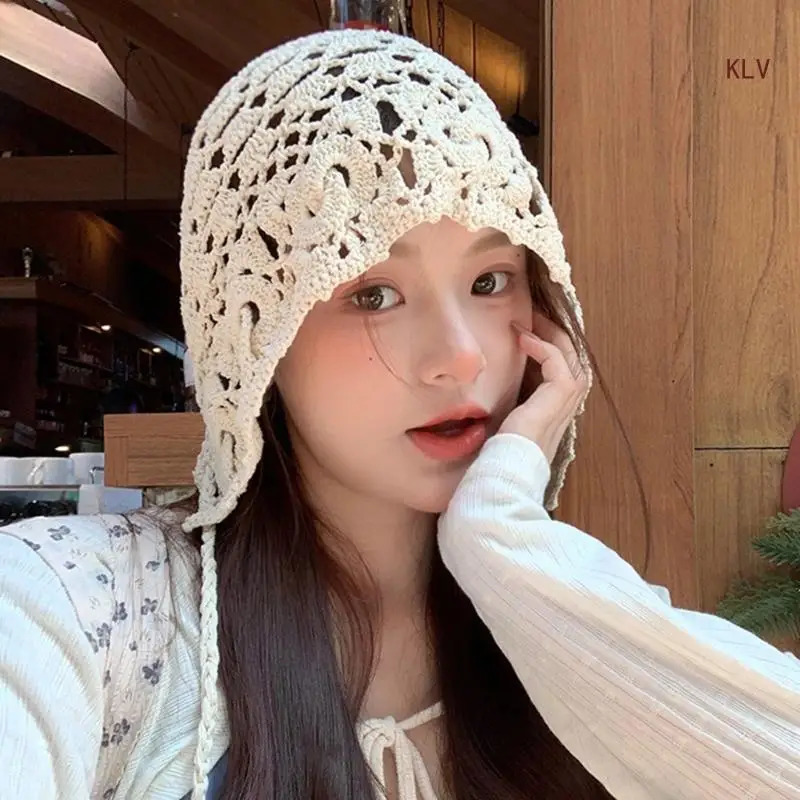 Elegant Handwoven Pullover Hat Breathable Hat Crochet Hollow Hat Holiday Crochet Hat Handwoven Tassels 240712