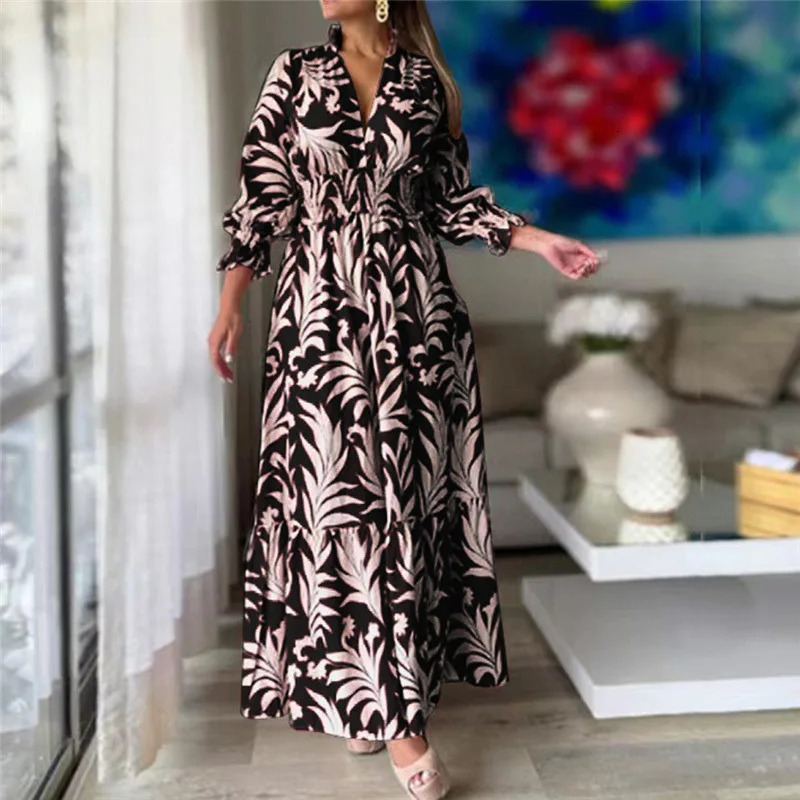 Fashion Elegant Sexy V Neck Slim Long Sleeve Cotton Dresses for Women Autumn Vintage Boho Print Tunic Maxi Dress Robe Femme 240712
