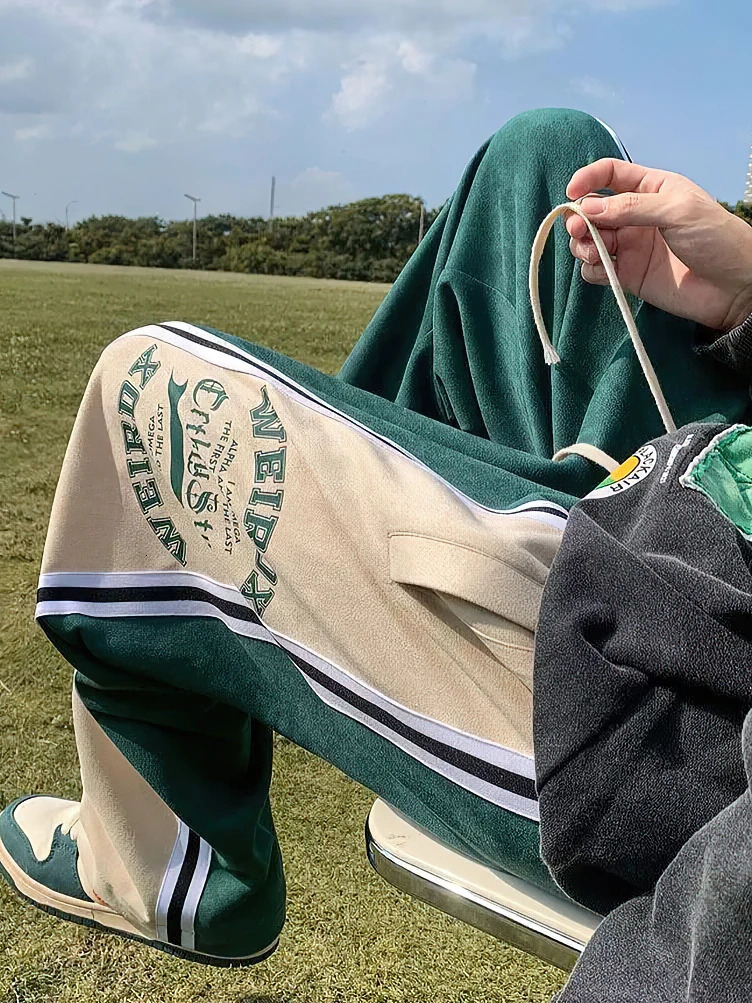 Y2k Preppy Casual Sport Sweatpants Men Streetwear Hip Hop Stripe Straight Long Trousers Oversize Wide Leg Pants 240717