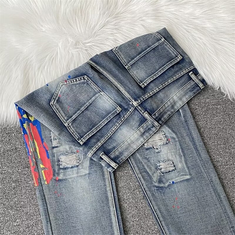 Jeans, men's trendy brand, slim fit, small feet, American high street, handsome, graffiti printed, ripped hole, spring and summer casual long pan