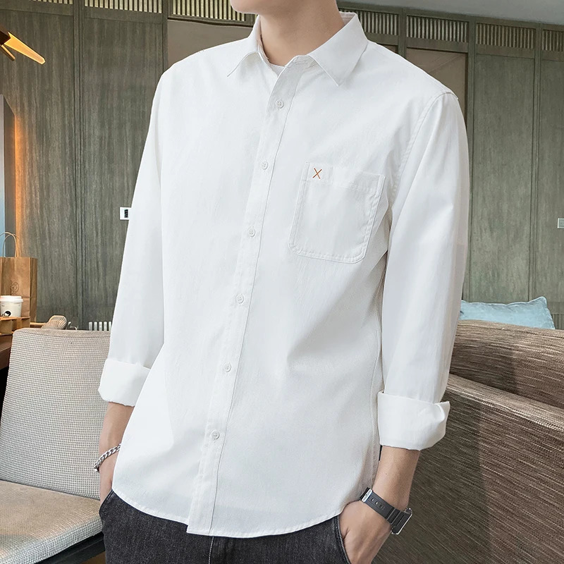 Long Four Season Shirt Mens Trend Grey Color Thin Teenager Top High Quality Soft Sleeve Male Top Big Size 4XL 240710