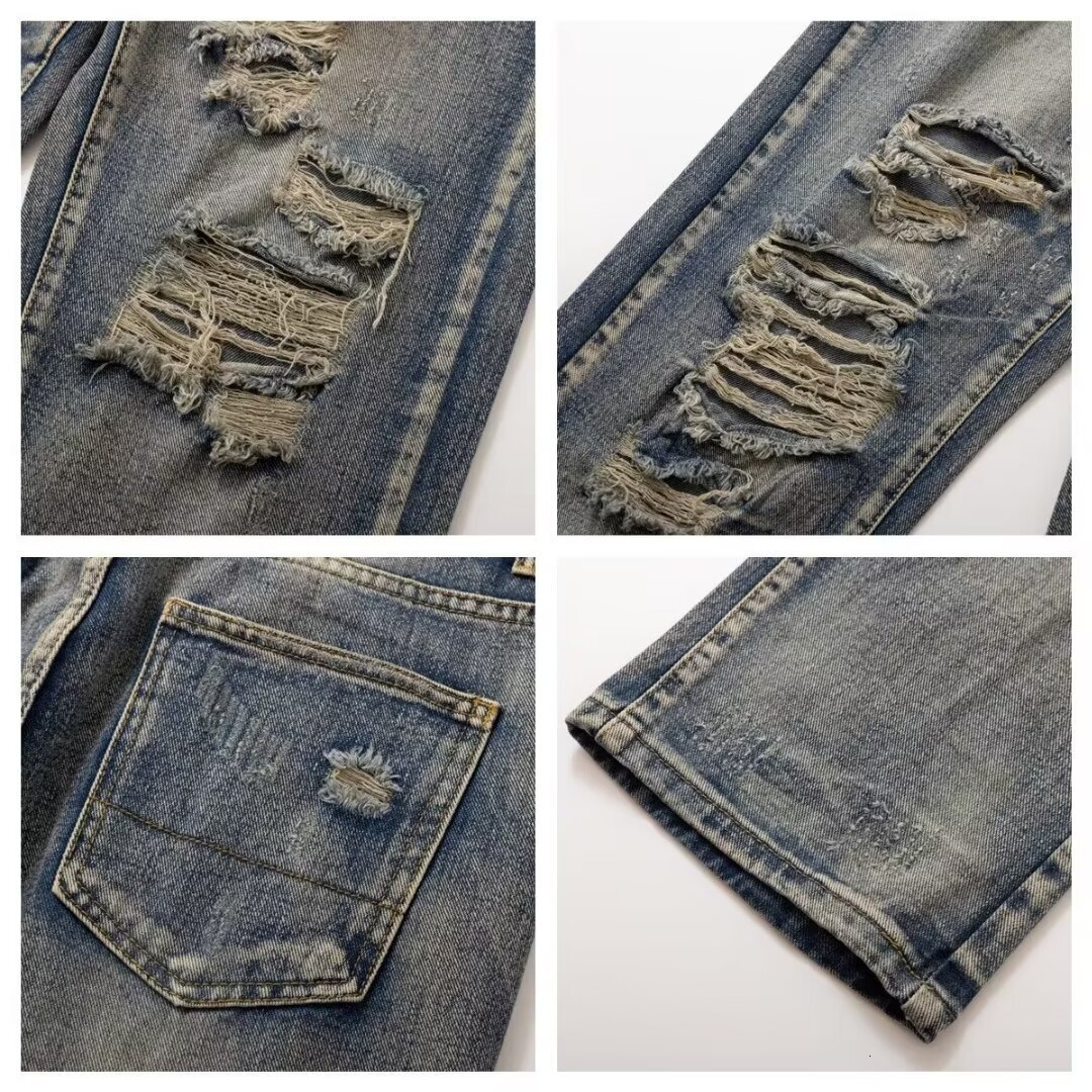 2024 new American high street distressed washed straight leg casual jeans men's pants