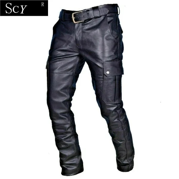 Mens Leather Motorcycle Pants with Cargo Pockets Black Leather Motorcycle Pants No Belt 240712