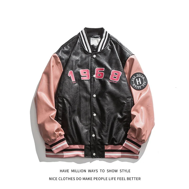 Streetwear Letter Embroid Motorcycle PU Leather Jacket Mens Baseball Bomber Coat Unisex Womens Oversize Varsity Vintage Chic 240716