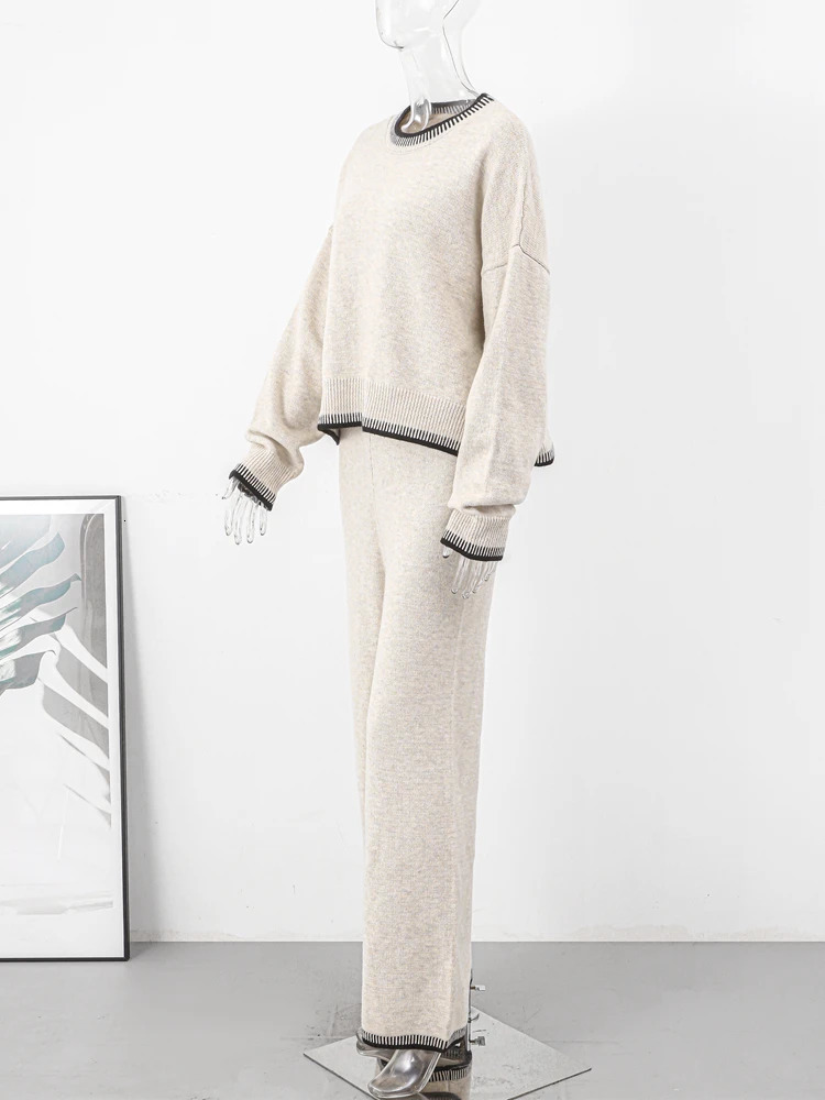 Knitted Long Women Pant Sets Oversized Patchwork Lady Sweater Pullover Suit Wide Leg Elastic Waist Elegant Female Top Set 240712