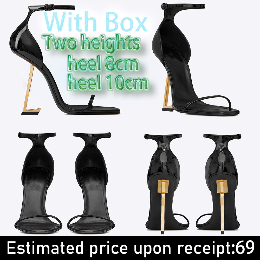 designer heels fashion metal letter heels genuine leather personality black patent leather temperament square toe exposed toe straight strap heels heels women