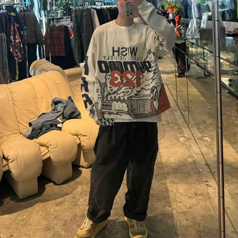 2024 Quality Graphics Slogan Graffiti TShirt Men Women Oversized Cement White RRR123 Long Sleeved T Shirt Vintage Tops 240715
