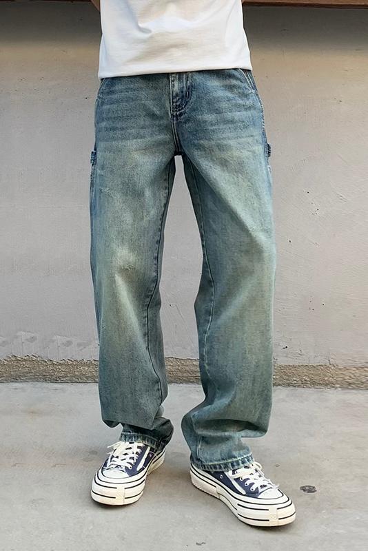 American fashion brand workwear jeans men's trendy straight washed loose and versatile quality wide leg pants