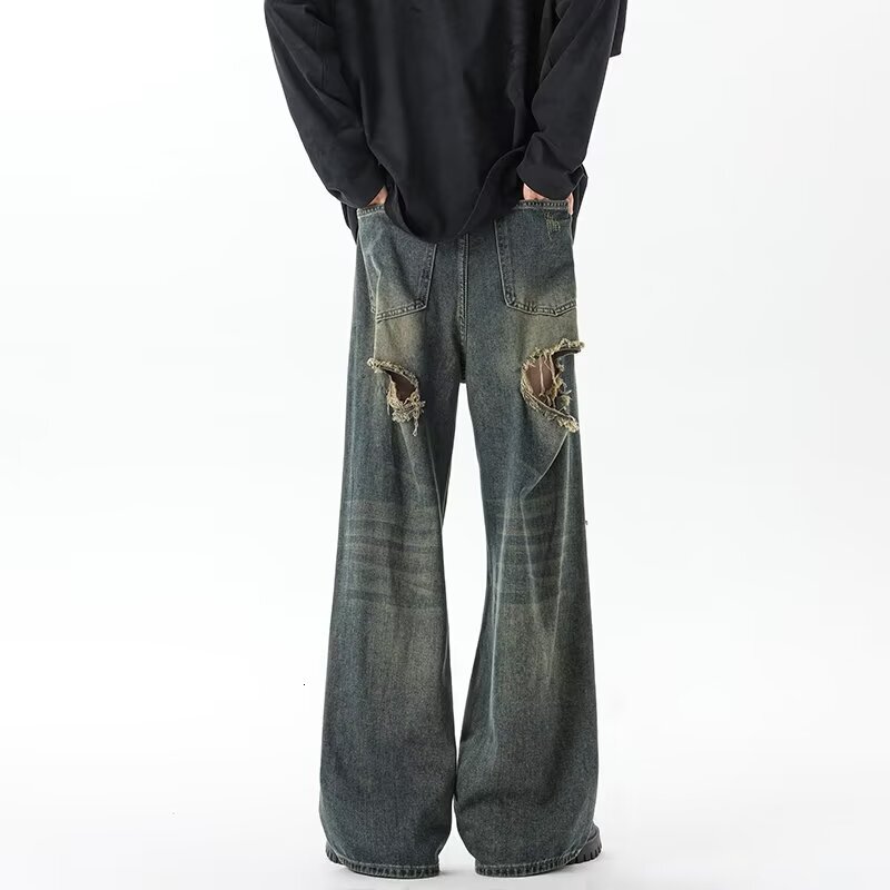 American style high street heavy industry washed craft ripped jeans for men in summer, loose straight hanging wide leg pants