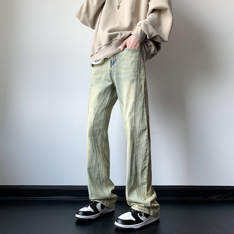 New American high street yellow mud dyed jeans for men, trendy brand straight leg casual pants