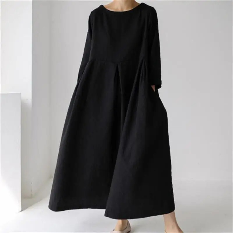 Loose Casual Cotton Linen Dresses for Women Longsleeved Round Neck Vintage Simple Solid Colour Female Holiday Beach Long Dress 240717