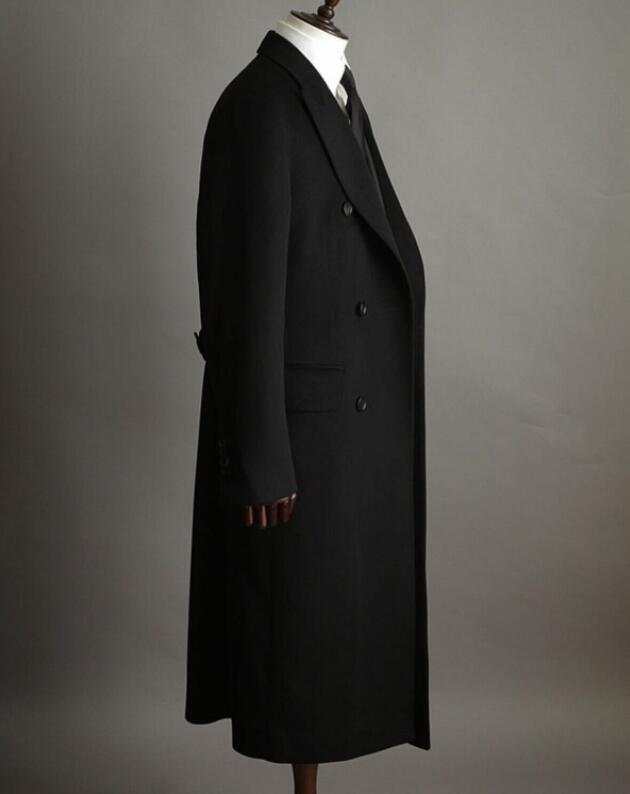 Formal Black Men Suits Thick Wool Custom Made Double Breasted Tuxedos Peaked Lapel Blazer Back Vent Business High Quality Popular Cheap Price Long Coa