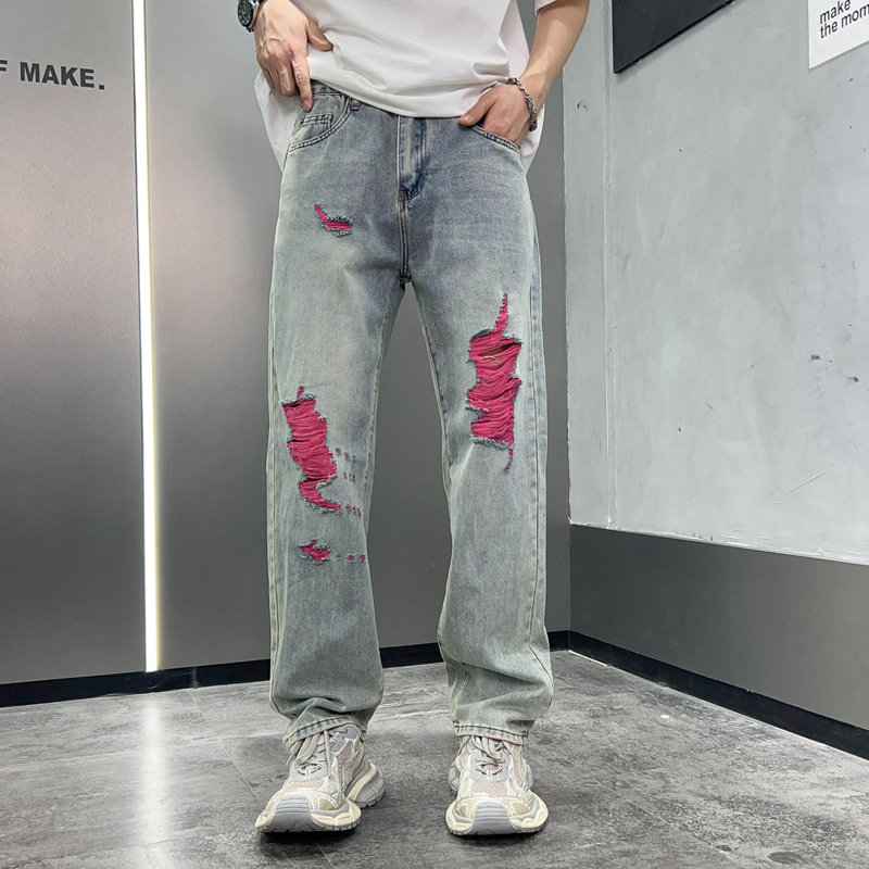 2024Washed jeans for men, American fashion brand ripped pants, trendy loose straight leg men's denim pants