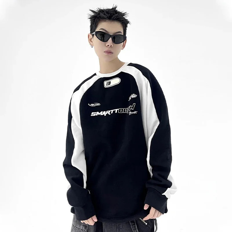 HOUZHOU Y2K Sweatshirts Men Vintage Korean Streetwear Motorcycle Patchwork Harajuku Pullover Hippie Male Sweatshirt Tops Spring 240712