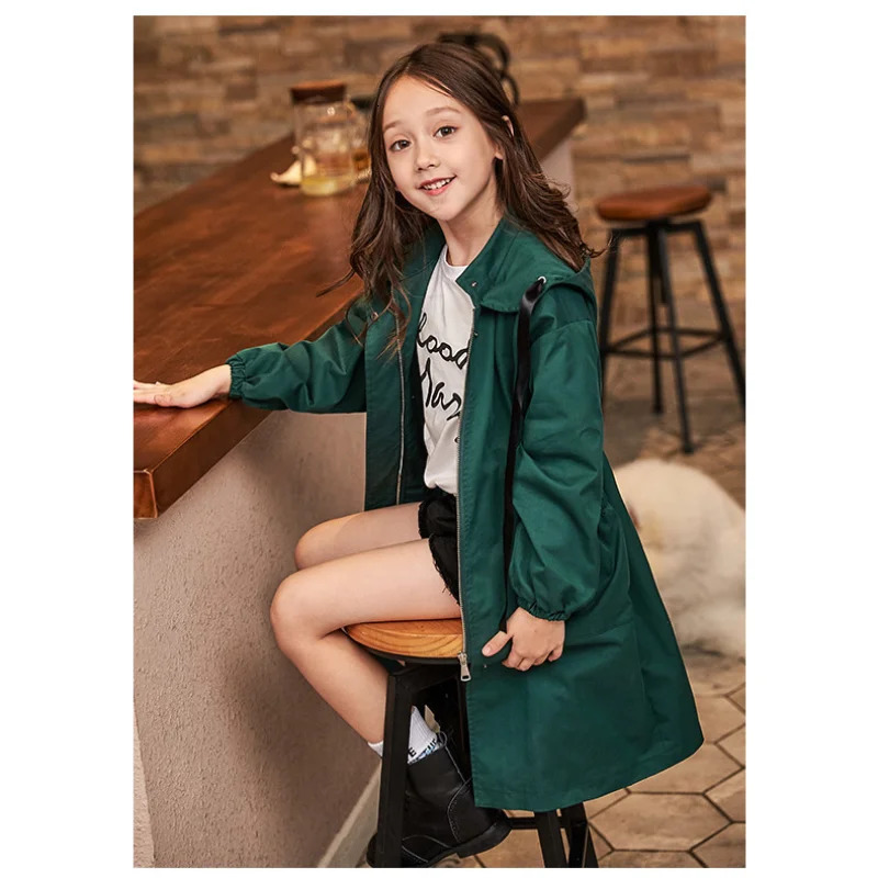 Kids Girls Trench Fashion Drawstring Hooded Jacket Tops Spring Autumn Children Clothes Teenager Girl Solid Color Coat 240710