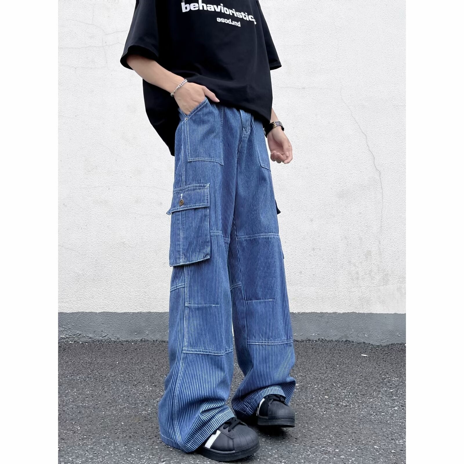 American striped workwear jeans summer street multi pocket high waist straight loose wide leg pants