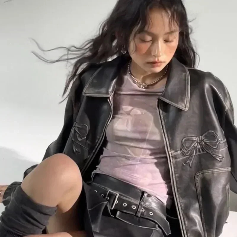 Deeptown Bow Motorcycle Leather Jacket Women Y2k Fashion Zipper PU Spring Coquette Top Sweet Personal Street Vintage Oversize 240715