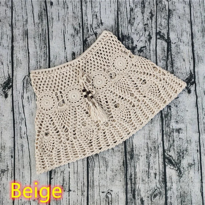Handmade Crochet Womens Sexy Beach SkirtSolid ColorHollow Braided Tassel Womens Short SkirtFashion Swimsuit Bikini 240710