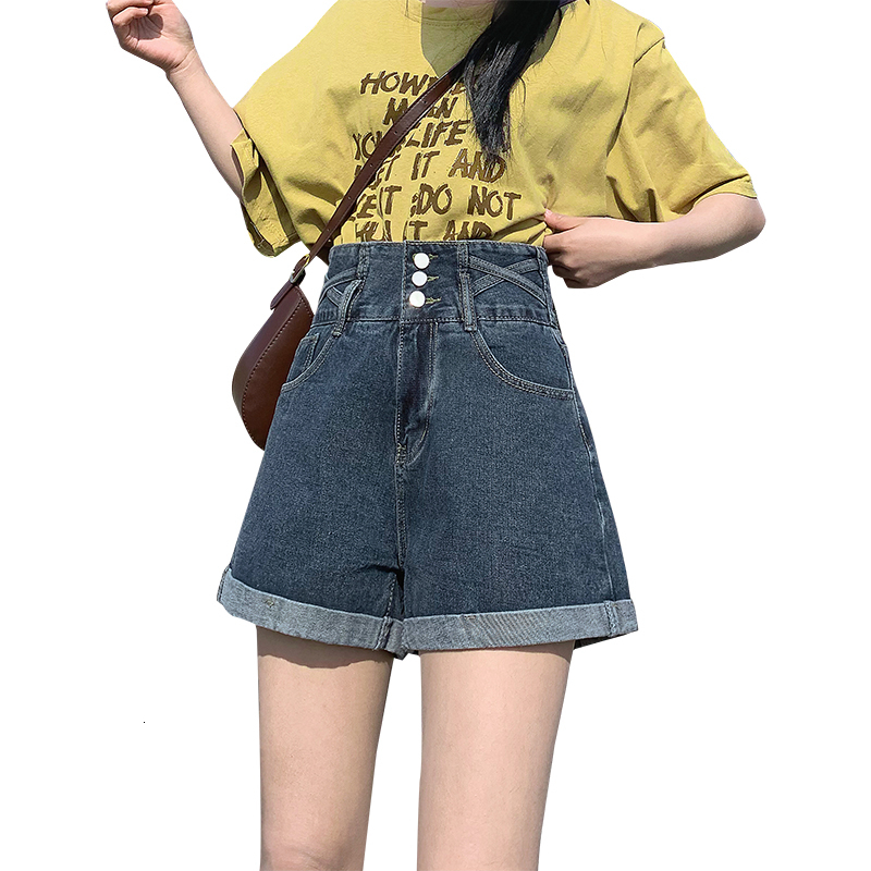 Denim shorts women's loose 2022 new summer thin style black A-line high waist slimming Korean version wide leg hot pants ins