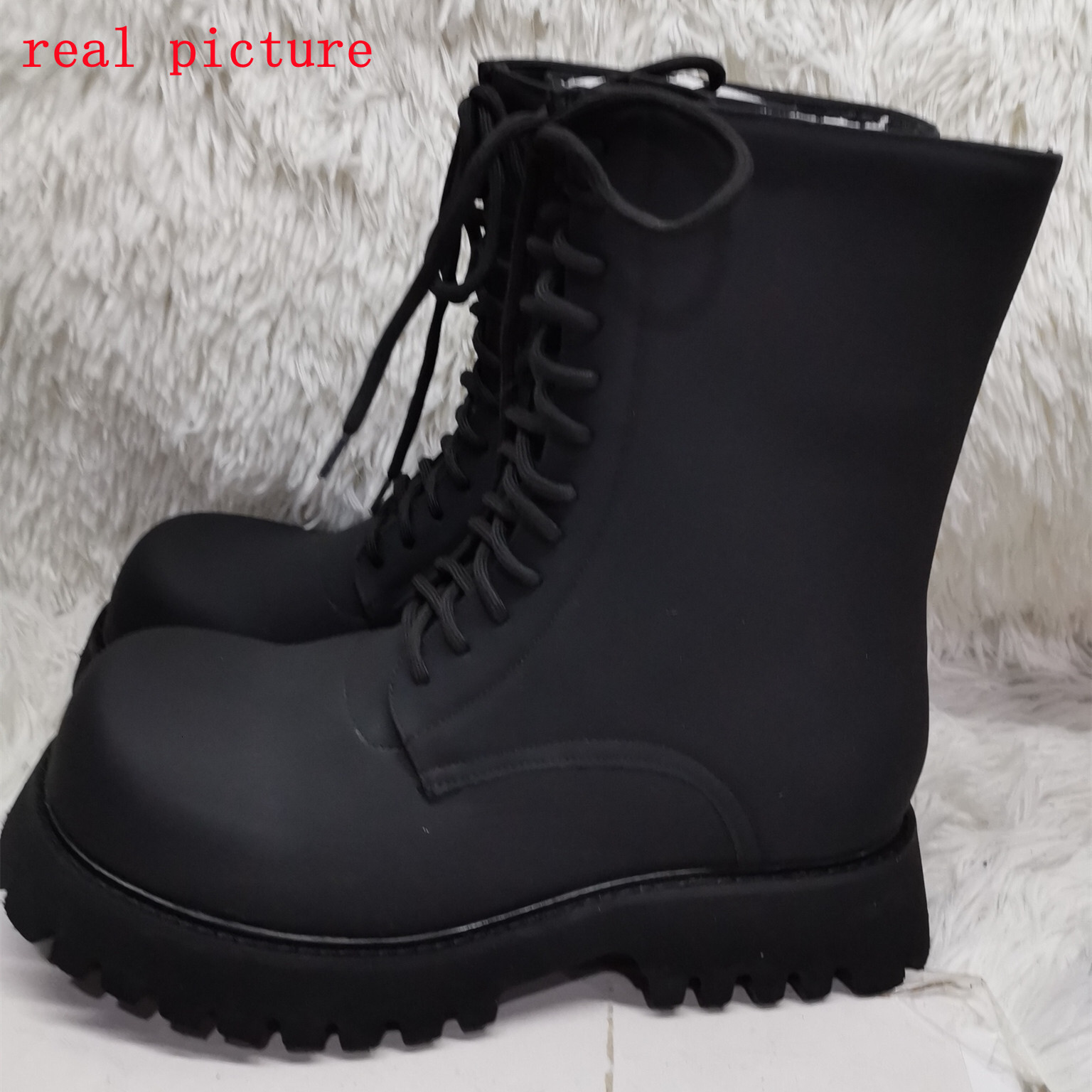 Big Black 2023 New Unisex British Round Toe Short Thick Soled Zipper Lace Up Boots Mid Booties Shoes 241109