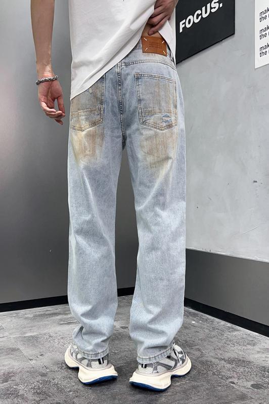 American fashion brand printed ripped jeans men's loose straight trendy wide leg pants