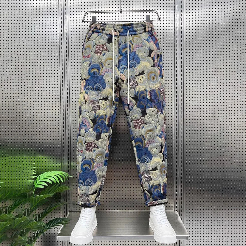 Autumn Mens Bear Embroidered Y2k Ankle-Tied Pants Essential Casual Trendy Youth Fashion Street Slim Leggings For Men 240717