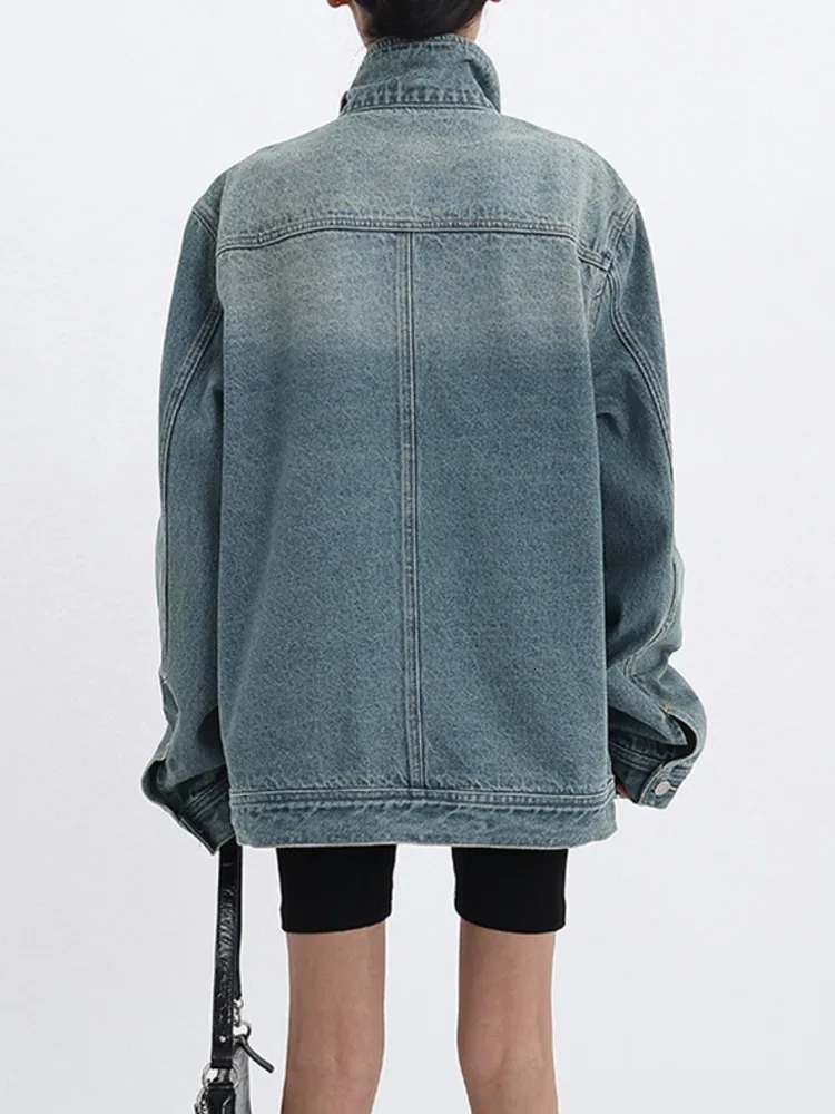 Womens Denim Coat Turtleneck Single Breasted Full Sleeve Patchwork Versatile Jacke Fashion Autumn Streetwear Overcoat 240715