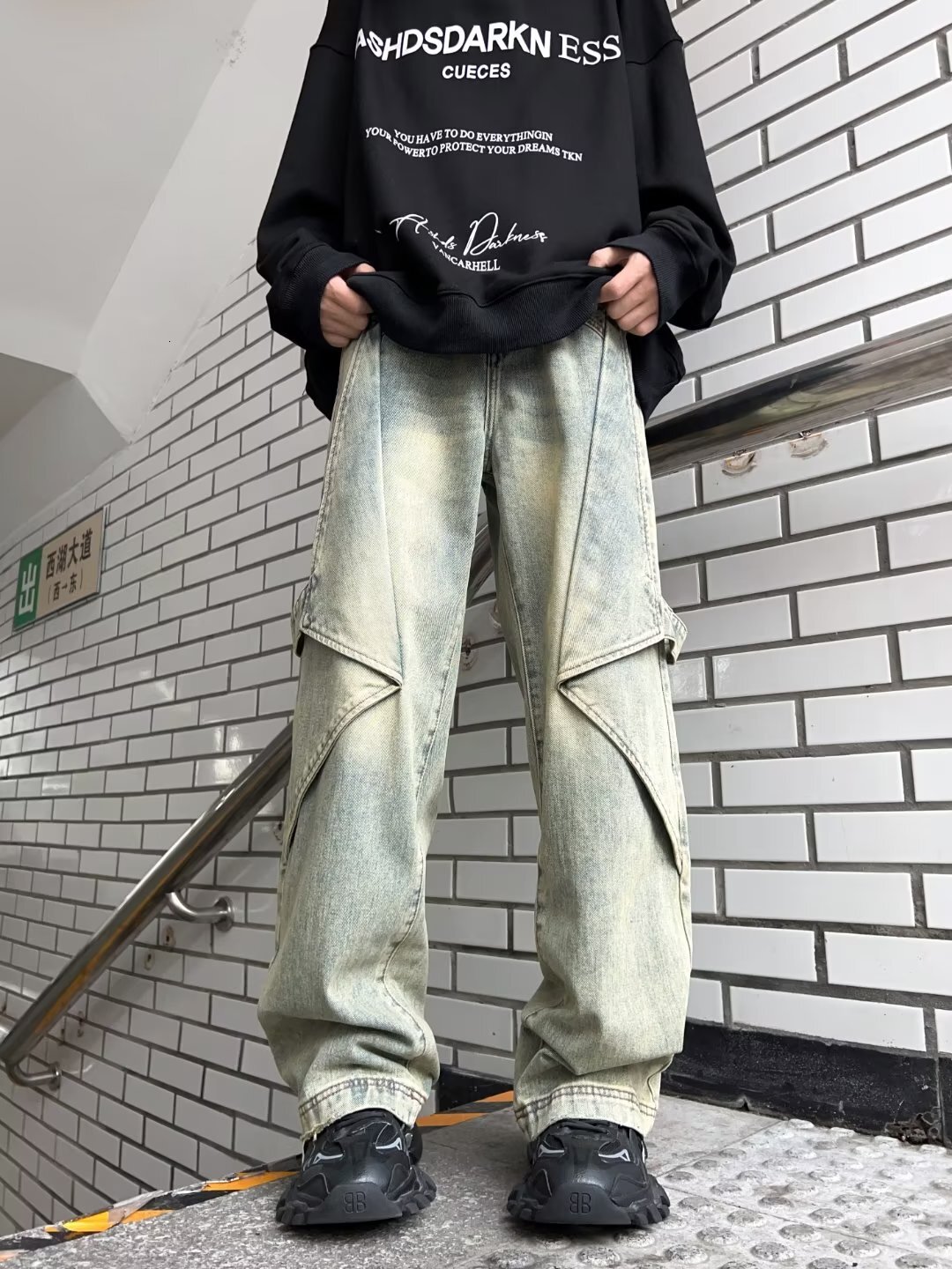 Washed yellow mud jeans for men and women with a niche design sense, American style straight leg work pants