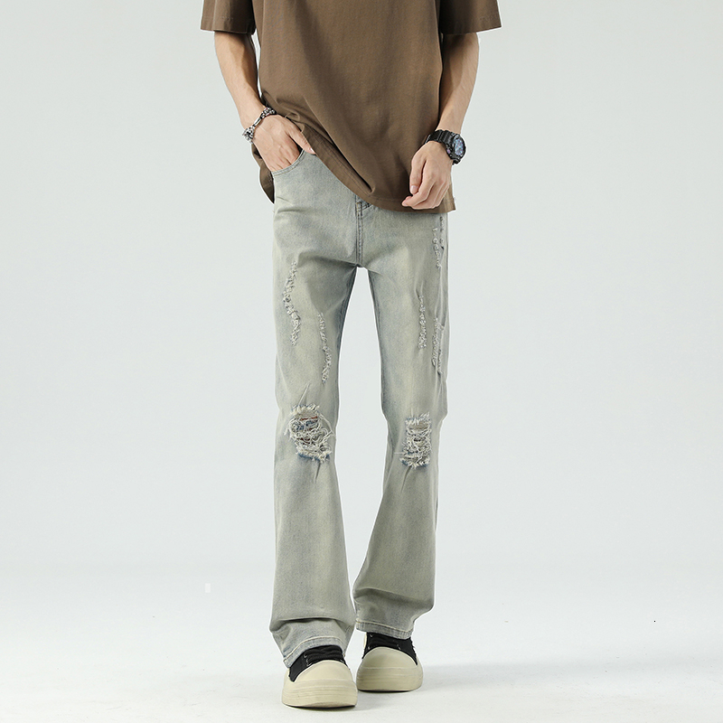 2024Spring and Autumn Mud Dyeing Elastic Hole Explosion Small Straight Pants High Street Clean Fit Trendy Brand Jeans Men