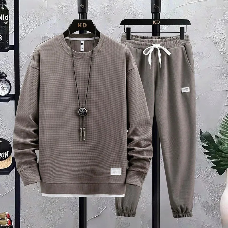 Spring Autumn Mens Two Piece Set Linen Fabric Casual Sweatshirt and Sweatpants Set Mens Sports Suit Fashion Tracksuit 240715