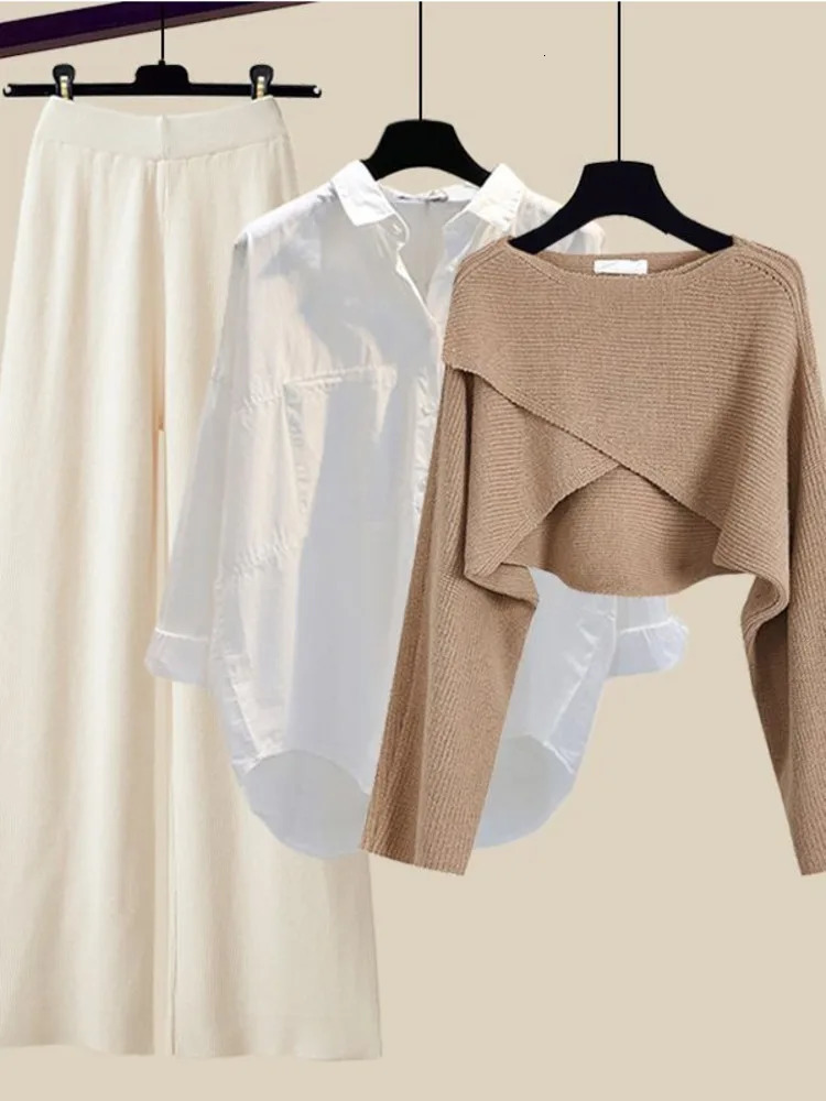 Fall Winter 3 Piece Sets Womens Outfit Office Ladies Elegant Irregular Knitted Sweater Shirt Wide Leg Pants Set Women Clothing 240715