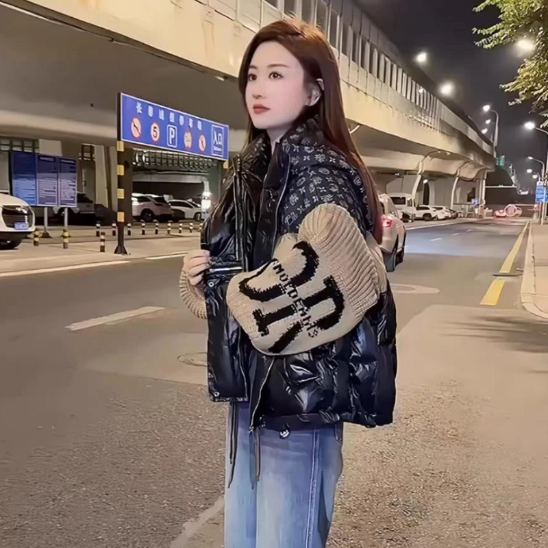 Splicing Hooded Down Fall And Winter Fashion Trend Knitted Long-Sleeved Loose Padded Warm Womens Jacket 240717