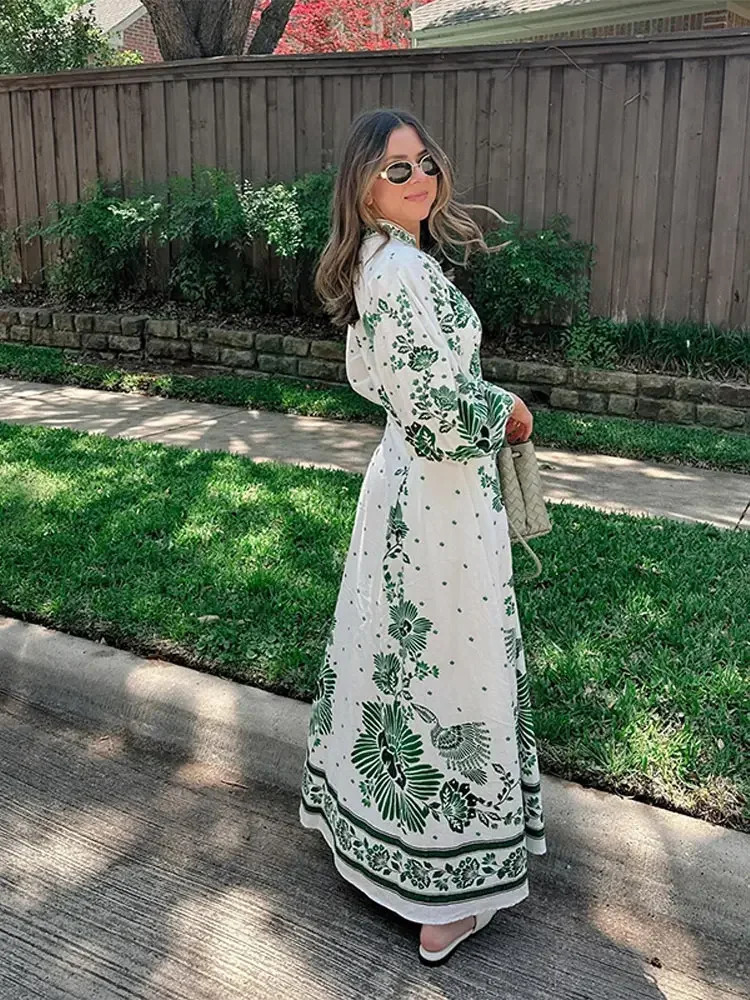 Elegant Print Single Breasted Long Sleeve Maxi Dress Women Fashion Stand Collar Deep V Loose Dresses Lady Vintage Commute Robes 240710