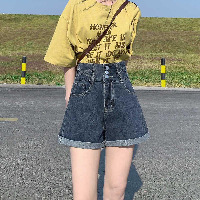 Denim shorts women's loose 2022 new summer thin style black A-line high waist slimming Korean version wide leg hot pants ins