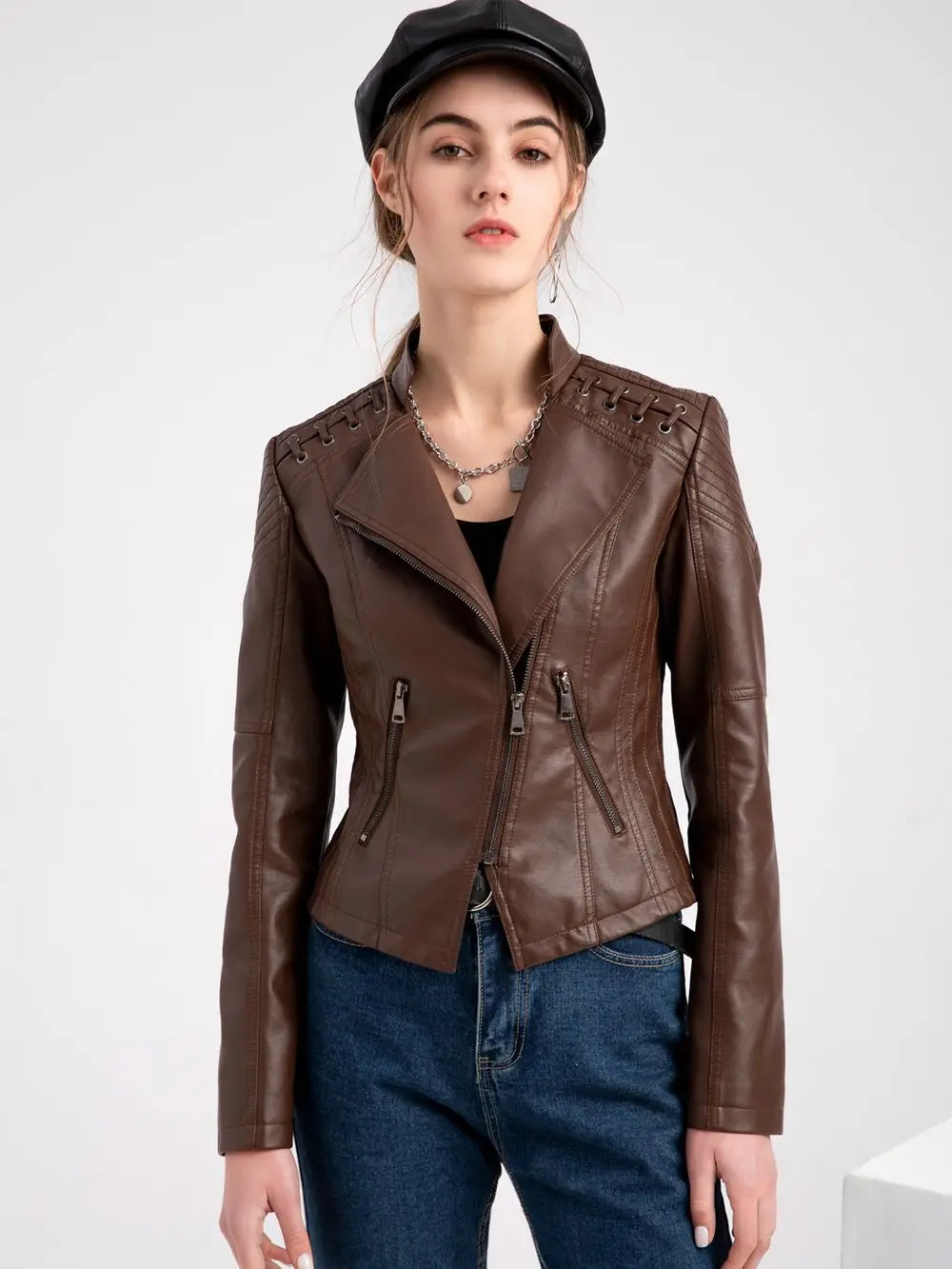 Autumn Winter Pu Faux Womens Leather Jackets Long Sleeve Zipper Slim Motorcycle Biker Coat Loose Female Outwear Tops 4X 240715