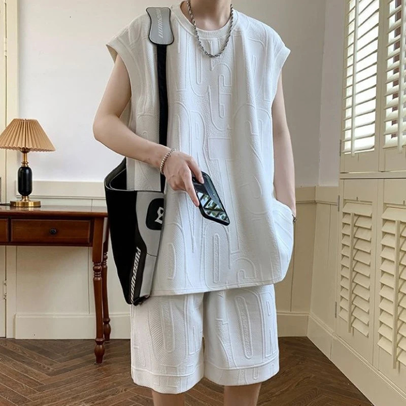 Two Piece Set Men Trendy High Street Sleeveless Oversize Tank Tops Y2K Solid Round Neck Sports Vest Casual Shorts Tracksuit Suit 240715