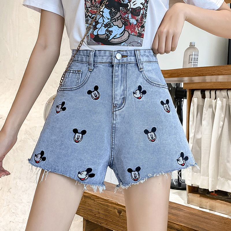 Women's summer new high waisted Korean version embroidered jeans slimming A-line shorts