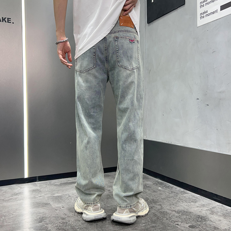2024Washed jeans for men, American fashion brand ripped pants, trendy loose straight leg men's denim pants