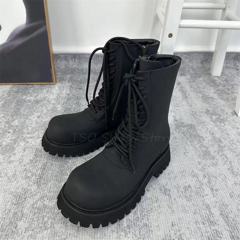 Big Black 2023 New Unisex British Round Toe Short Thick Soled Zipper Lace Up Boots Mid Booties Shoes 241109