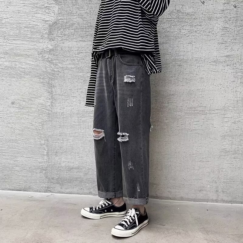 Perforated jeans, men's summer trendy brand, loose fitting straight leg beggar pants, American style explosive street ruffian handsome pants