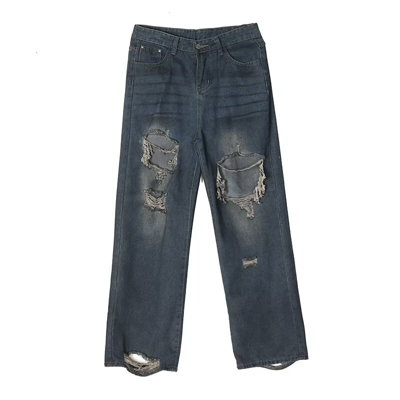 Outdated, ripped design, floor length jeans, summer niche fashion brand, high street loose and versatile beggar wide leg pants