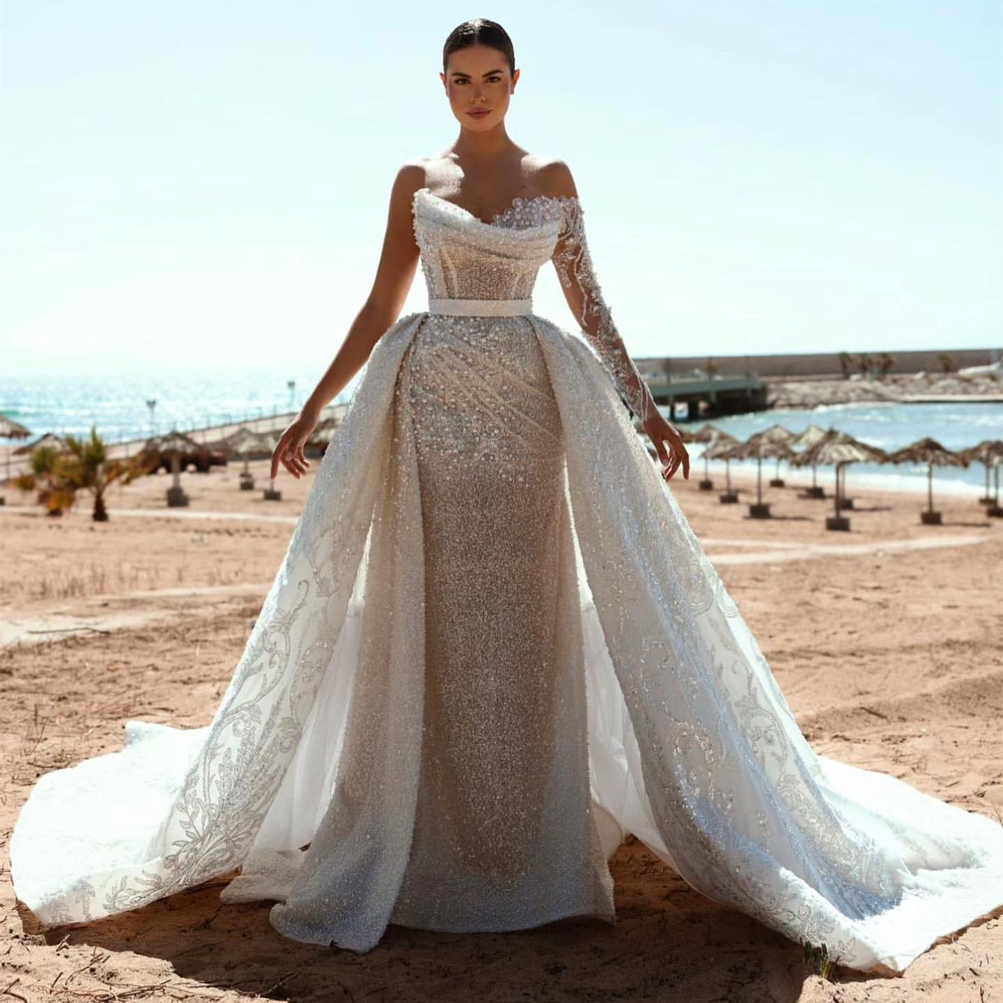 2024 Arabic Aso Ebi Plus Size Ivory Mermaid Wedding Dresses Lace Pearls Detachable Train Sparkly Bridal Gowns Dresses ZJ046